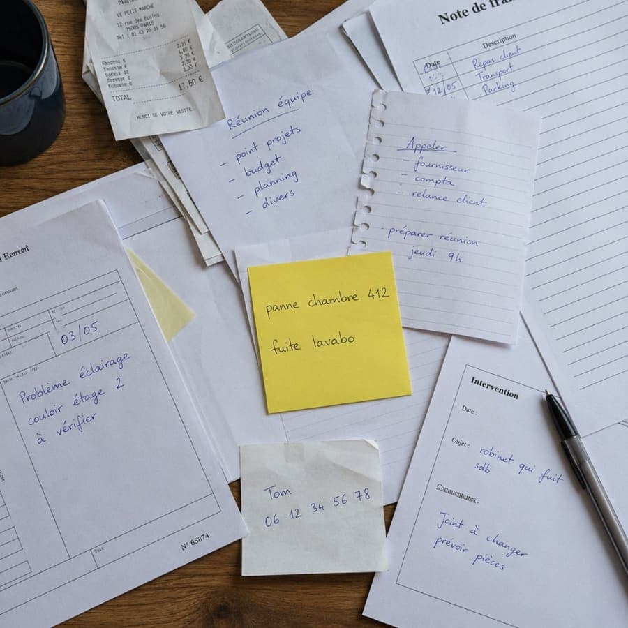 Bureau désorganisé avec notes de panne, papiers et post-it signalant une fuite lavabo en chambre 412